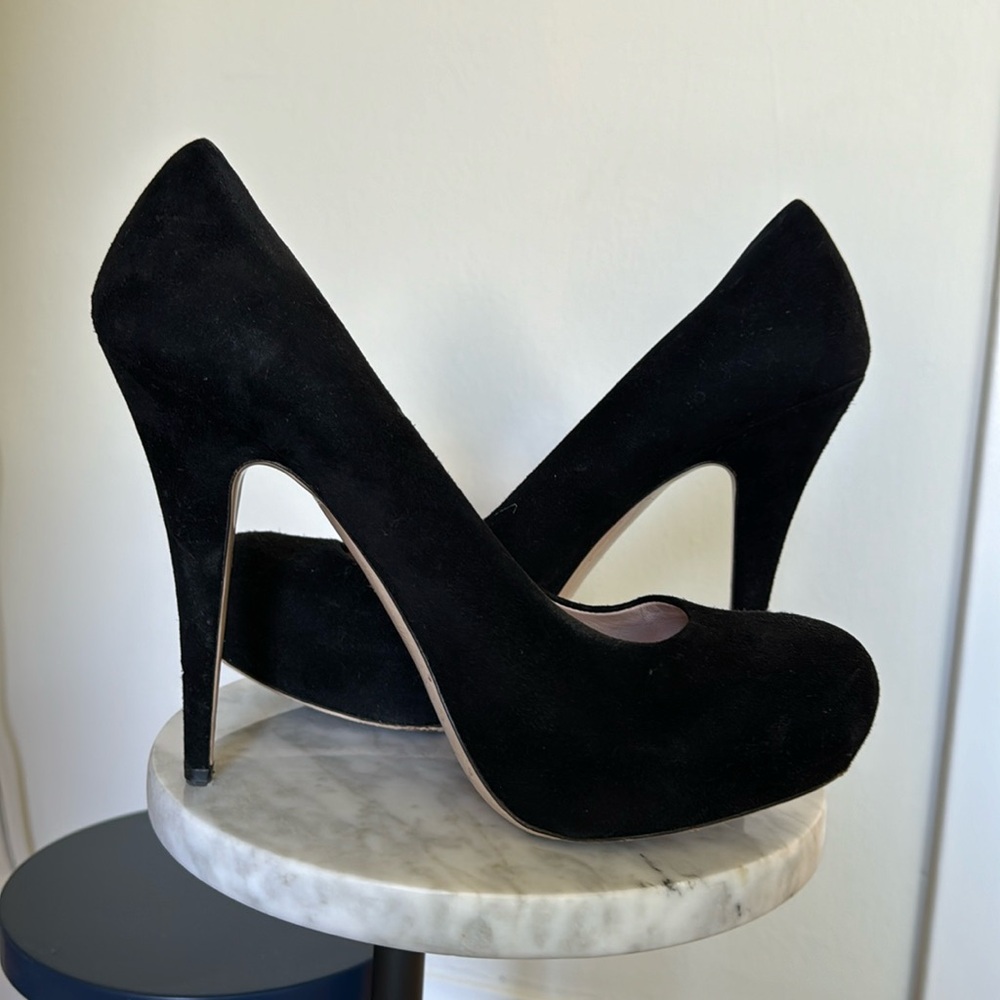 Black Suede Miu Miu Platform Pumps, Size 39.5, 5” heel